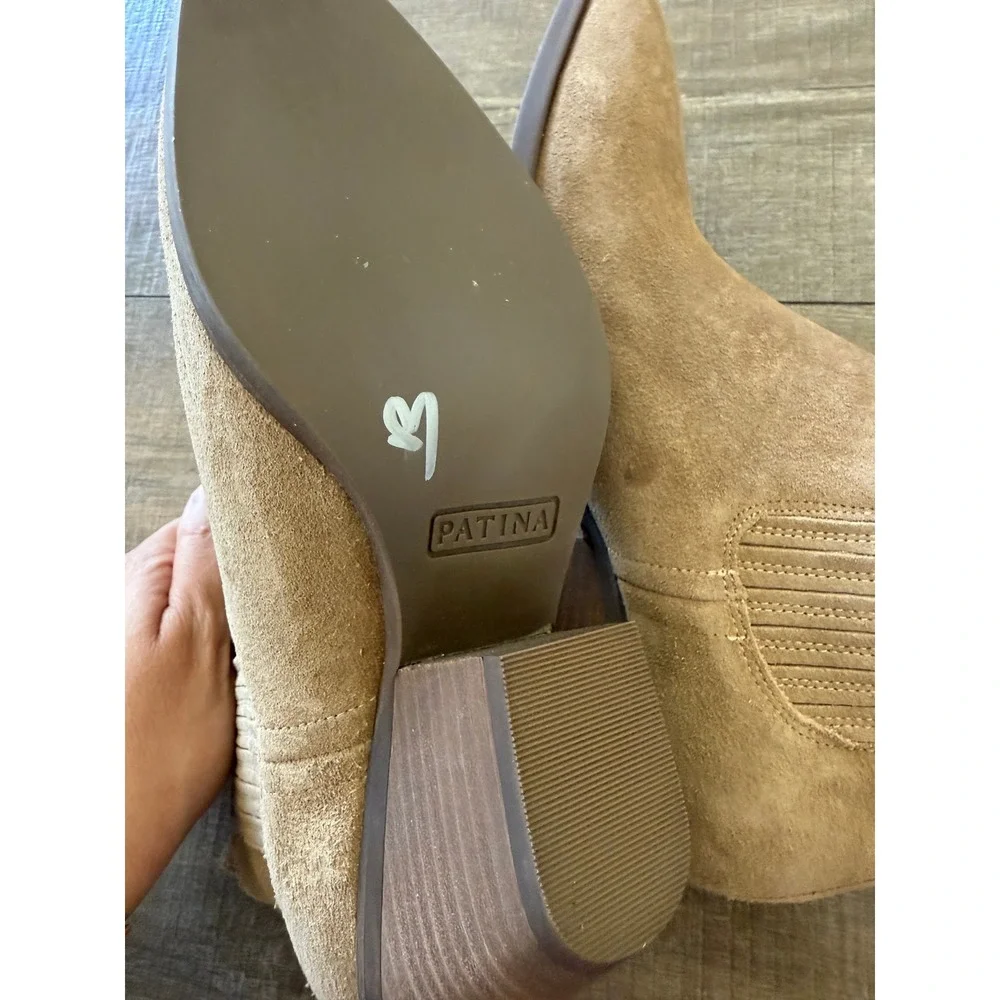 NWOT Patina Women Tan Suede Leather Ankle‎ Booties Wood Heel Western Cowgirl 9.5